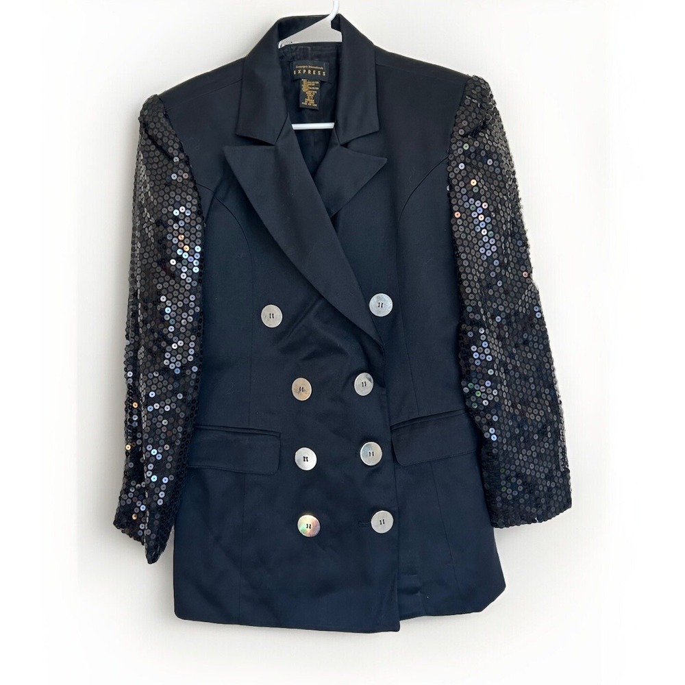 Vintage Express Y2K Black Double Breasted Sequin Blazer Glam Disco Party Retro S